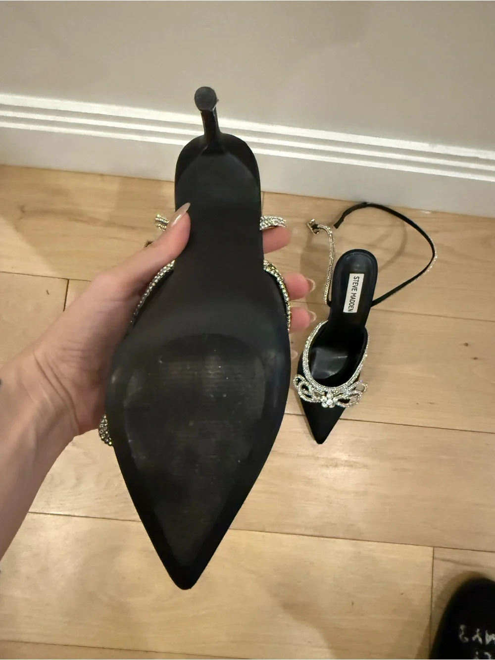 Steve Madden Black Pointed Slingback Heels with Rhinestone Bow